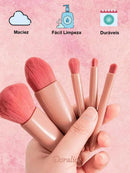 Kit Mini Pincéis Rosa Gold + Porta Pincéis Portátil com Espelho