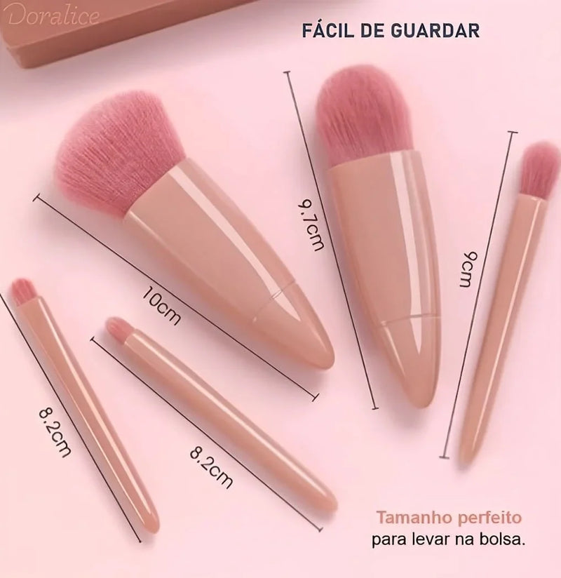 Kit Mini Pincéis Rosa Gold + Porta Pincéis Portátil com Espelho